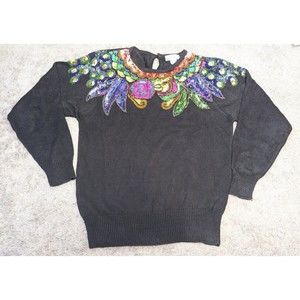 Lindsey Blake Editions Black Floral Sequin Beaded Knit Sweater Size L
